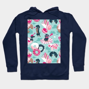 Pastel café sweet love dream // pattern // aqua background fuchsia pink pastry details blue dachshund dog puppies Hoodie